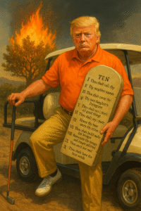 A satirical image of Trump stepping from a golf cart holding stone commandments with a burning bush in the background.